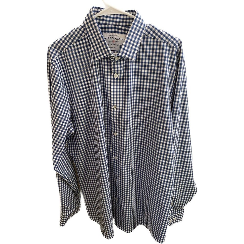 Mizzen+Main Mens Size 2XL Trim Fit Performance Shirt L/S Blue Plaid Gingham